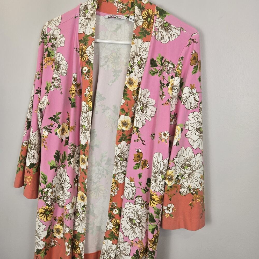 Isaac Mizrahi Live! Cotton Modal Print Knit Open Front Cardigan Pink Floral LARG - Picture 2 of 7